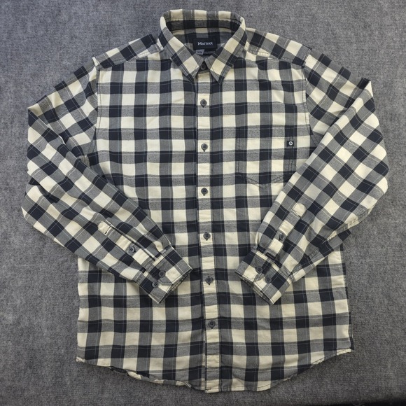 Marmot Shirt Medium Long Sleeve Button Up Black Beige White Plaid - Picture 1 of 8